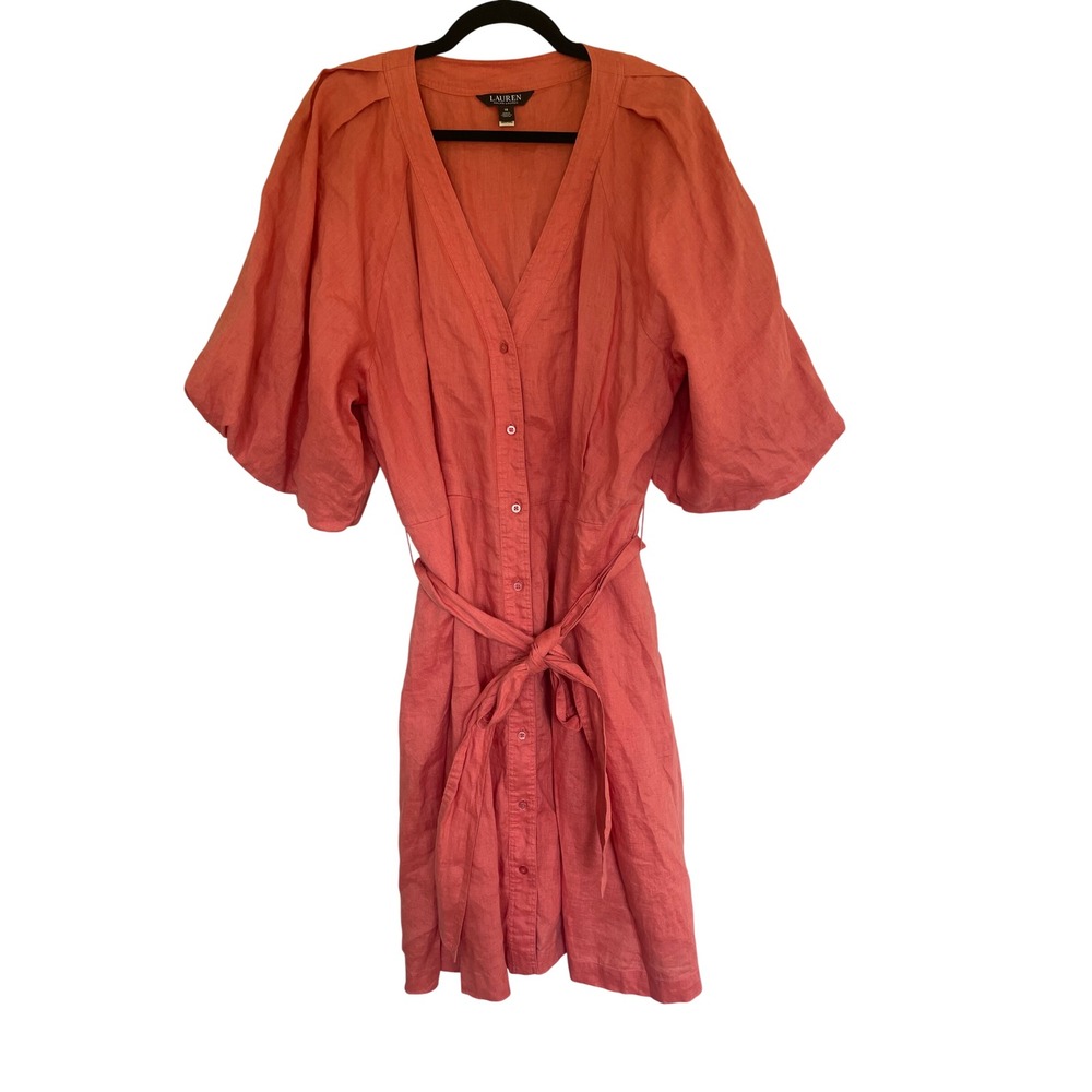 Lauren Ralph Lauren Coral Linen Button Front Belted Puff Sleeve Shirt Dress 18